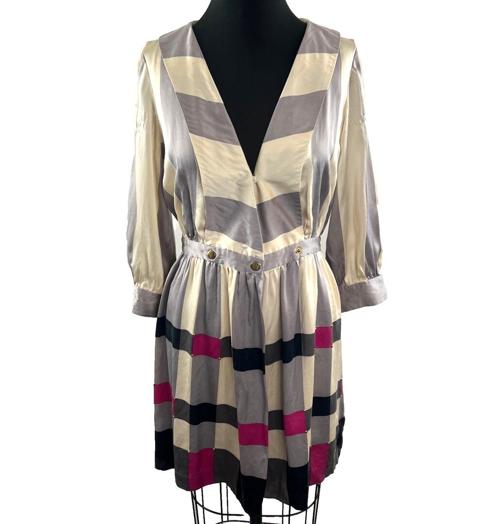 Anthropologie Lauren Moffatt Silk Gray Pink Studded Stripe Cocktail Dress 4 $350